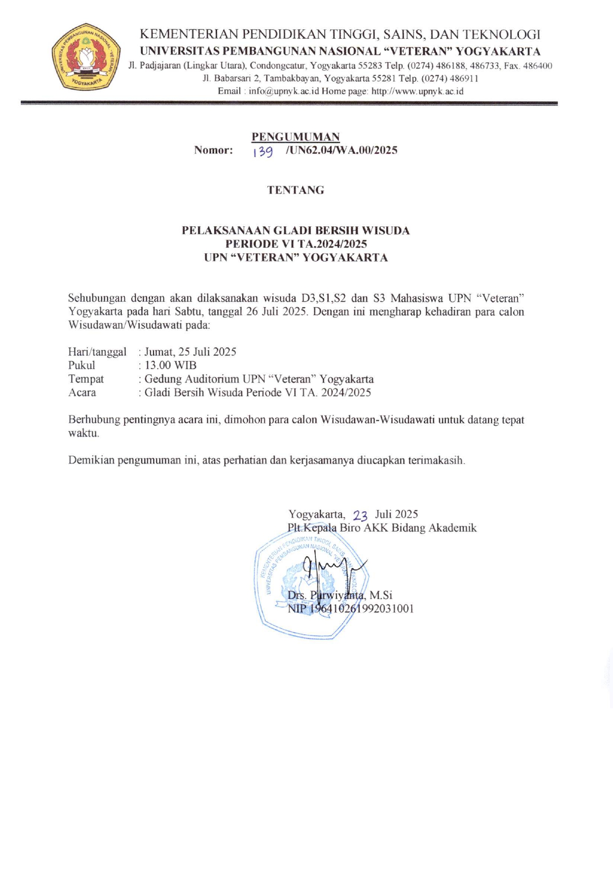 PENGUMUMAN GLADI BERSIH WISUDA PERIODE VI (26 JULI 2025)